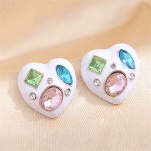 Womens Earrings Blue Pink Green Rhinestone White Enamel Heart Earrings Pierced